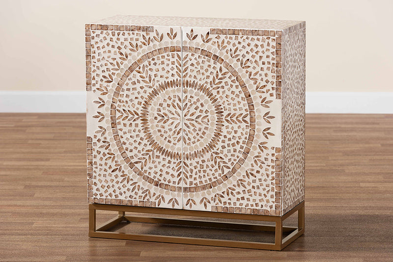 Marella White and Rustic Brown Mother of Pearl Storage Cabinet Baxton