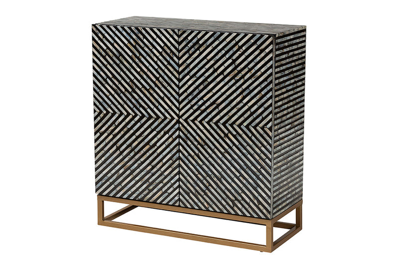 Eckhart Two-Tone Black and Gray Mother of Pearl and Gold Metal Storage Cabinet Baxton