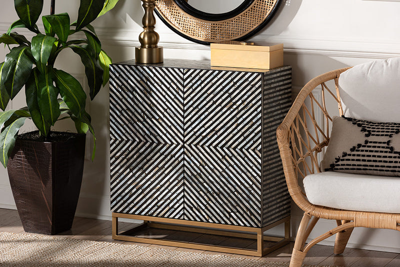 Eckhart Two-Tone Black and Gray Mother of Pearl and Gold Metal Storage Cabinet Baxton