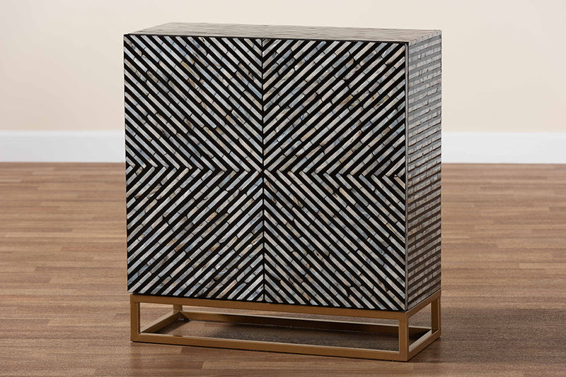 Eckhart Two-Tone Black and Gray Mother of Pearl and Gold Metal Storage Cabinet Baxton