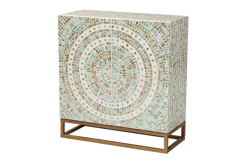 Sawyer Multicolor Mother of Pearl and Gold Metal Storage Cabinet Baxton