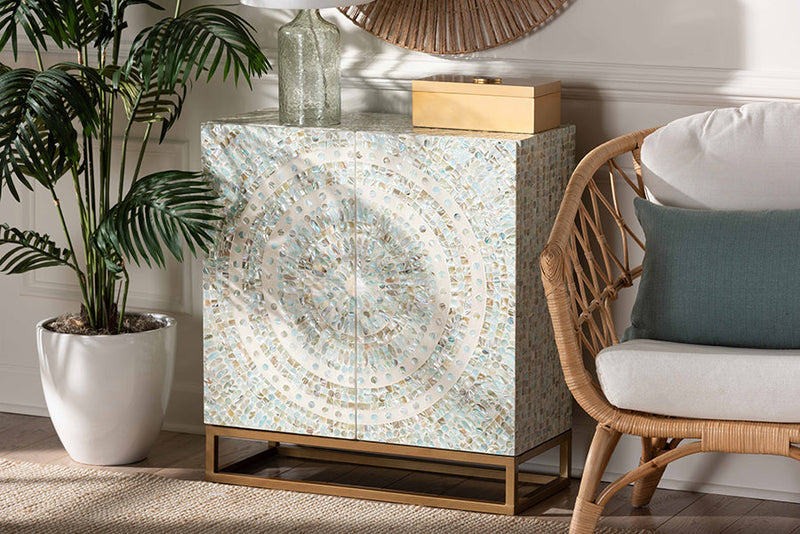 Sawyer Multicolor Mother of Pearl and Gold Metal Storage Cabinet Baxton