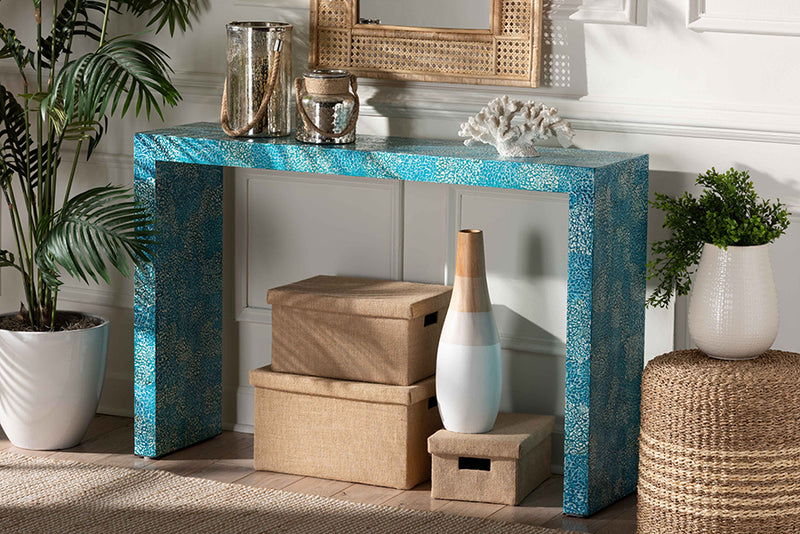 Neola Modern Bohemian Blue Mother of Pearl Console Table