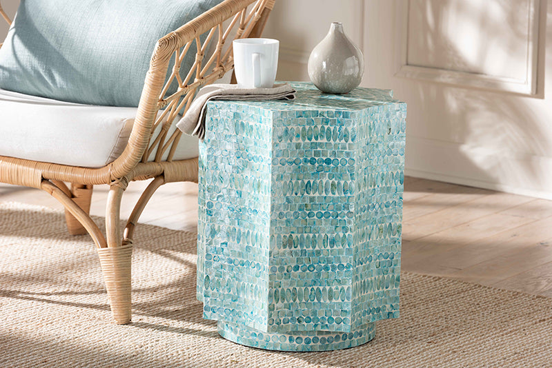 Pietro Modern Bohemian Blue Mother of Pearl End Table