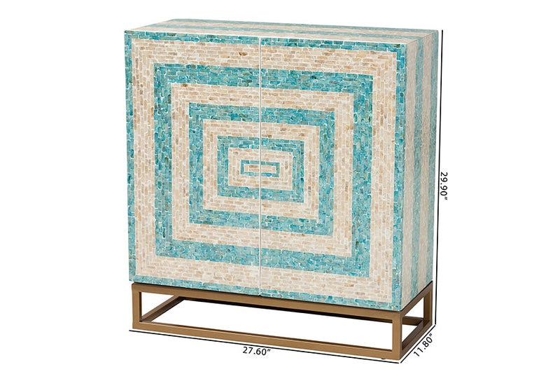 Loften Two-Tone Beige and Blue Mother of Pearl and Gold Metal Storage Cabinet Baxton
