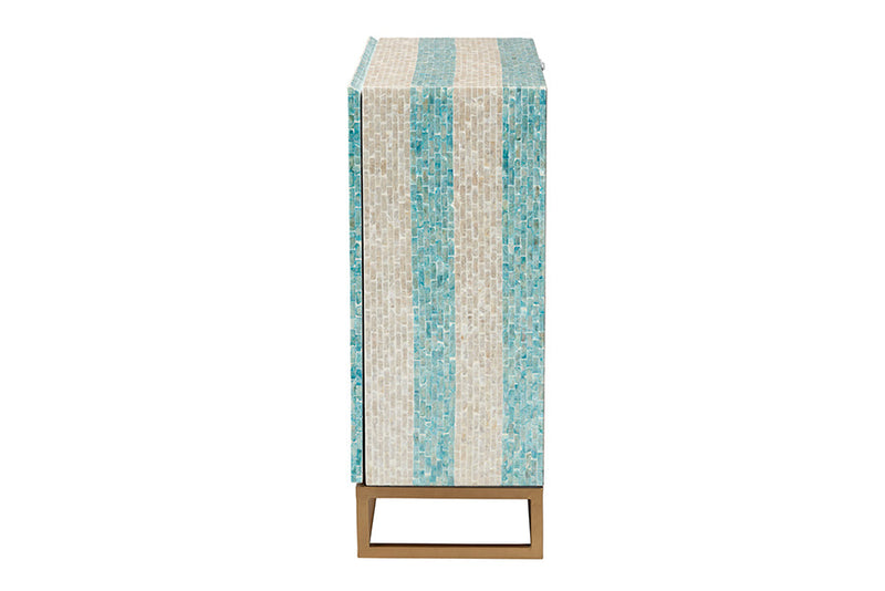 Loften Two-Tone Beige and Blue Mother of Pearl and Gold Metal Storage Cabinet Baxton