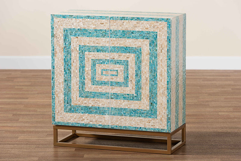 Loften Two-Tone Beige and Blue Mother of Pearl and Gold Metal Storage Cabinet Baxton