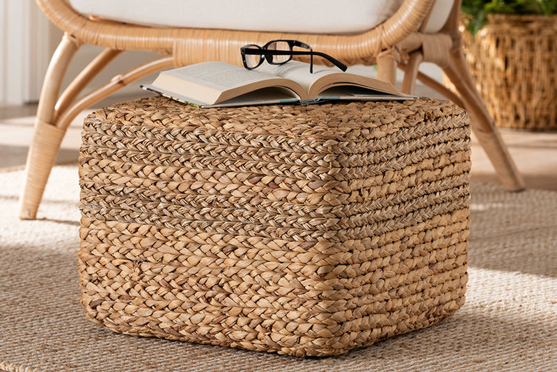 Asli Modern Bohemian Natural Brown Seagrass Accent Footstool