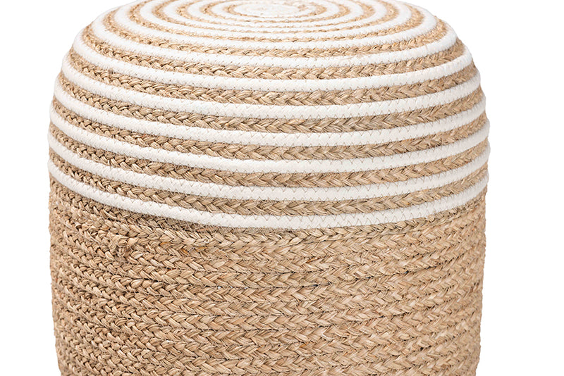 Revelin Modern Bohemian Natural Brown Seagrass and Woven Rope Ottoman Footstool