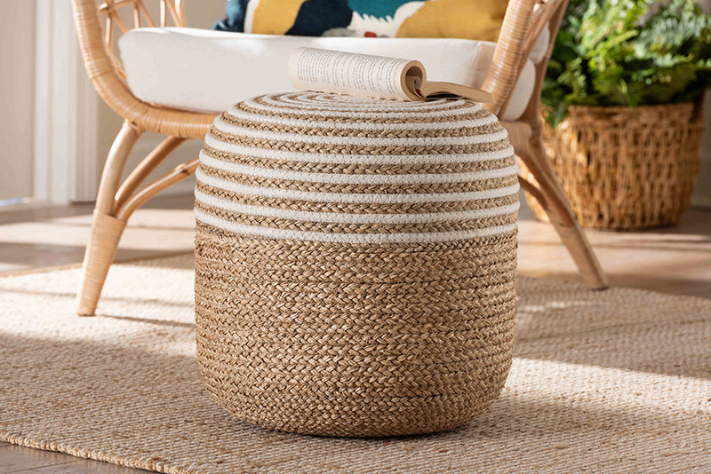 Revelin Modern Bohemian Natural Brown Seagrass and Woven Rope Ottoman Footstool