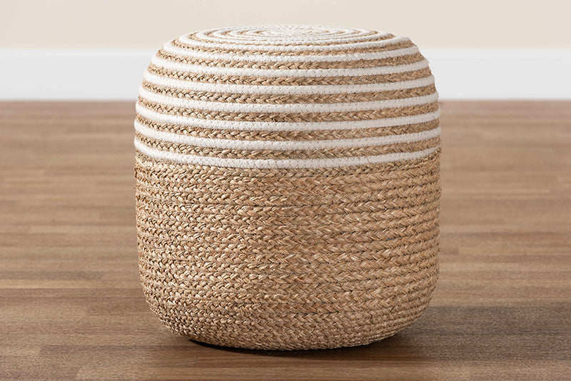 Revelin Modern Bohemian Natural Brown Seagrass and Woven Rope Ottoman Footstool