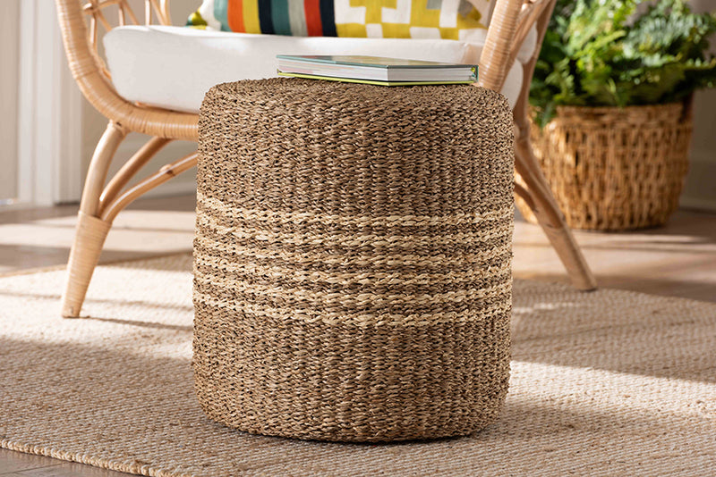 Daisy Modern Bohemian Natural Brown Seagrass Ottoman Footstool