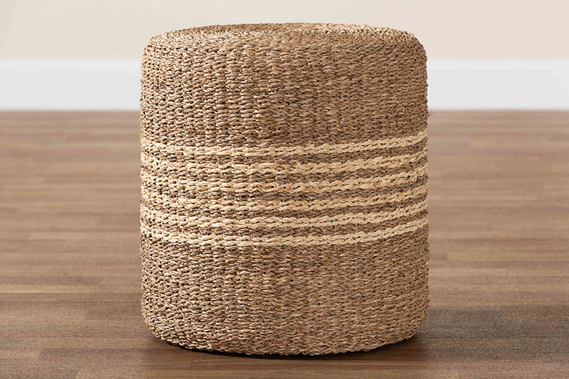 Daisy Modern Bohemian Natural Brown Seagrass Ottoman Footstool