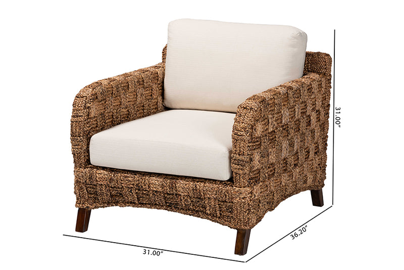 Austin Modern Bohemian Dark Brown Mahogany Wood and Woven Seagrass Arm Chair