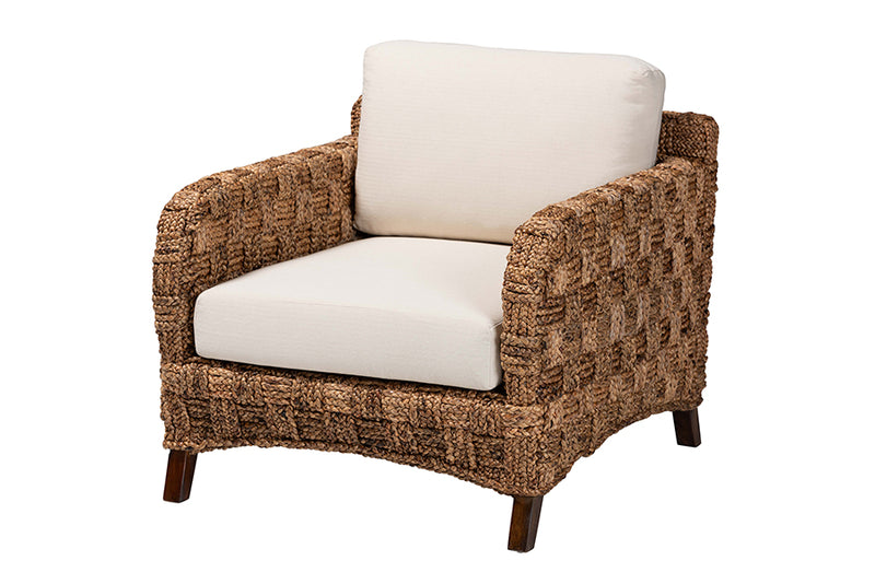 Austin Modern Bohemian Dark Brown Mahogany Wood and Woven Seagrass Arm Chair