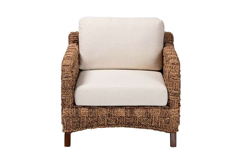 Austin Modern Bohemian Dark Brown Mahogany Wood and Woven Seagrass Arm Chair