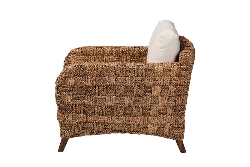 Austin Modern Bohemian Dark Brown Mahogany Wood and Woven Seagrass Arm Chair