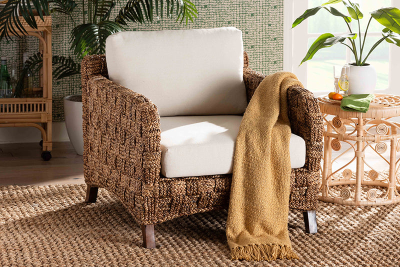 Austin Modern Bohemian Dark Brown Mahogany Wood and Woven Seagrass Arm Chair