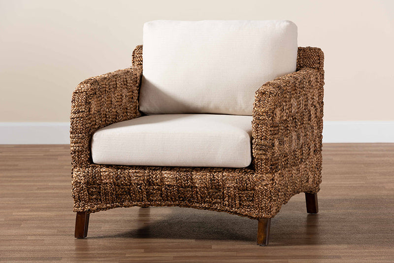 Austin Dark Brown Mahogany Wood and Woven Seagrass Arm Chair Baxton