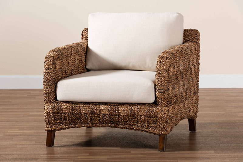 Austin Modern Bohemian Dark Brown Mahogany Wood and Woven Seagrass Arm Chair