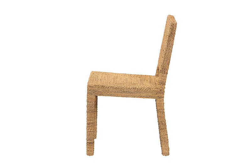 Simona Modern Bohemian Natural Seagrass and Mahogany Wood Dining Chair