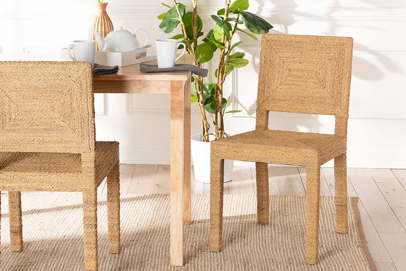 Simona Modern Bohemian Natural Seagrass and Mahogany Wood Dining Chair