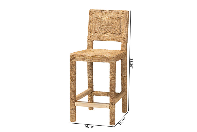 Simona Modern Bohemian Natural Seagrass and Mahogany Wood Counter Stool