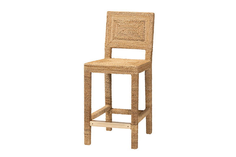 Simona Modern Bohemian Natural Seagrass and Mahogany Wood Counter Stool