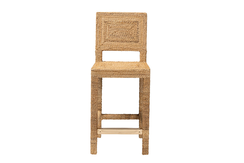 Simona Modern Bohemian Natural Seagrass and Mahogany Wood Counter Stool