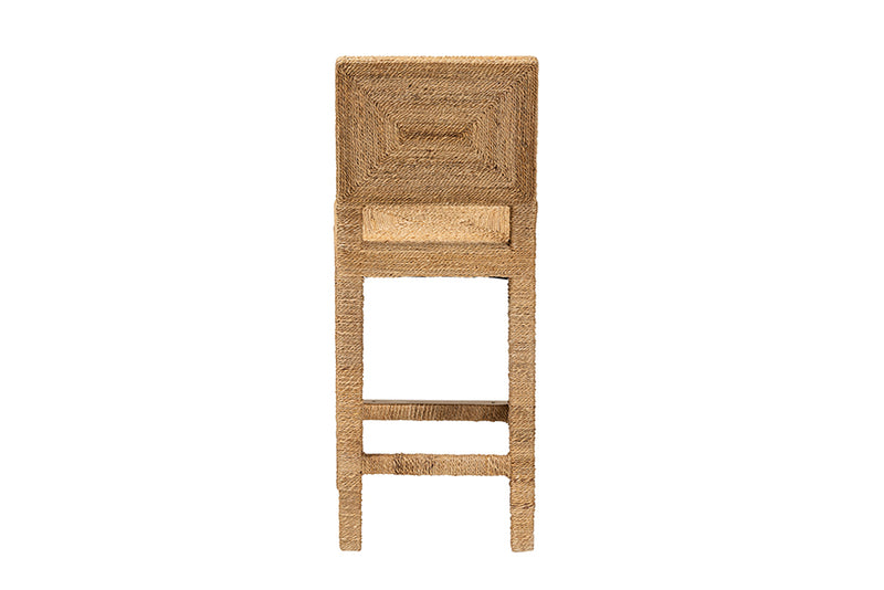 Simona Modern Bohemian Natural Seagrass and Mahogany Wood Counter Stool