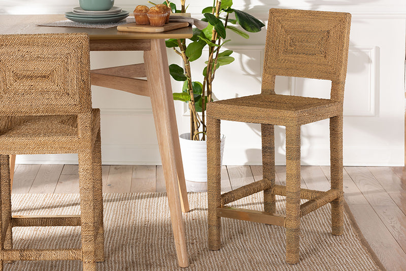 Simona Modern Bohemian Natural Seagrass and Mahogany Wood Counter Stool