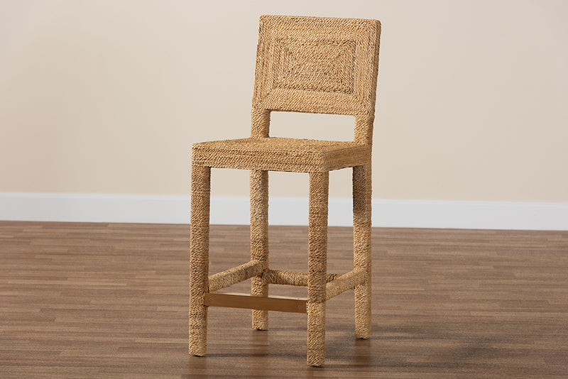 Simona Modern Bohemian Natural Seagrass and Mahogany Wood Counter Stool