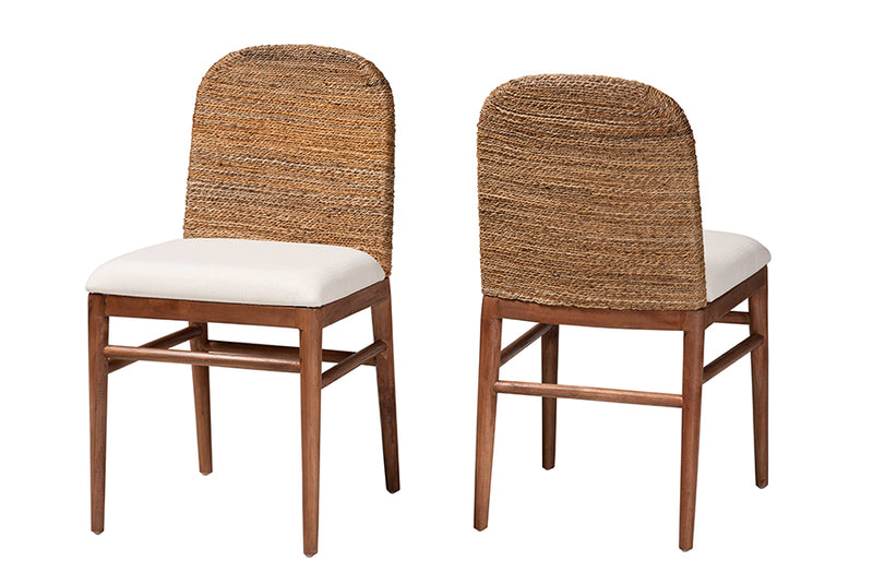 Leon Modern Bohemian Natural Seagrass and Acacia Wood 2-Piece Dining Chair Set