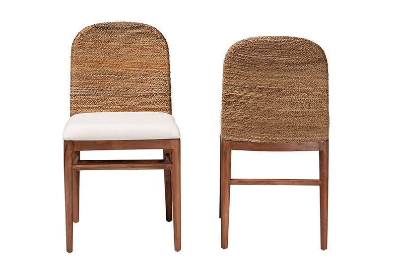 Leon Modern Bohemian Natural Seagrass and Acacia Wood 2-Piece Dining Chair Set