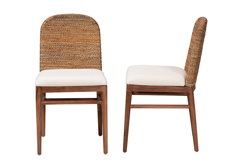 Leon Modern Bohemian Natural Seagrass and Acacia Wood 2-Piece Dining Chair Set