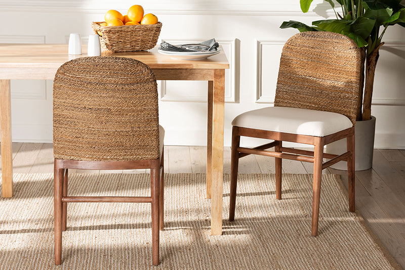 Leon Modern Bohemian Natural Seagrass and Acacia Wood 2-Piece Dining Chair Set