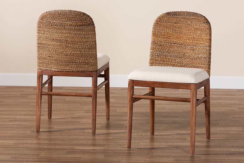 Leon Modern Bohemian Natural Seagrass and Acacia Wood 2-Piece Dining Chair Set