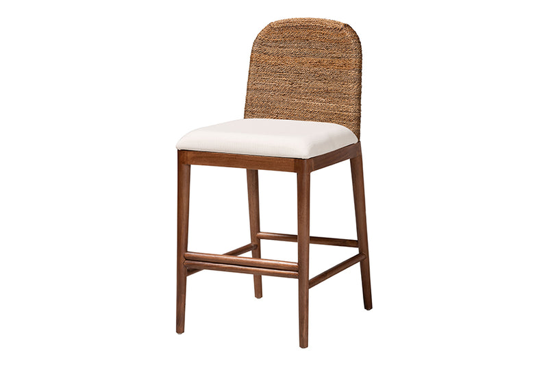 Leon Modern Bohemian Seagrass and Acacia Wood Counter Stool