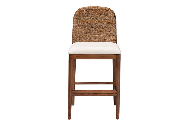 Leon Modern Bohemian Seagrass and Acacia Wood Counter Stool