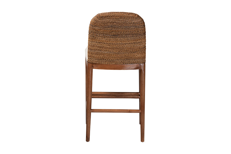 Leon Modern Bohemian Seagrass and Acacia Wood Counter Stool