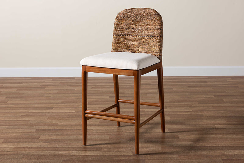 Leon Modern Bohemian Seagrass and Acacia Wood Counter Stool