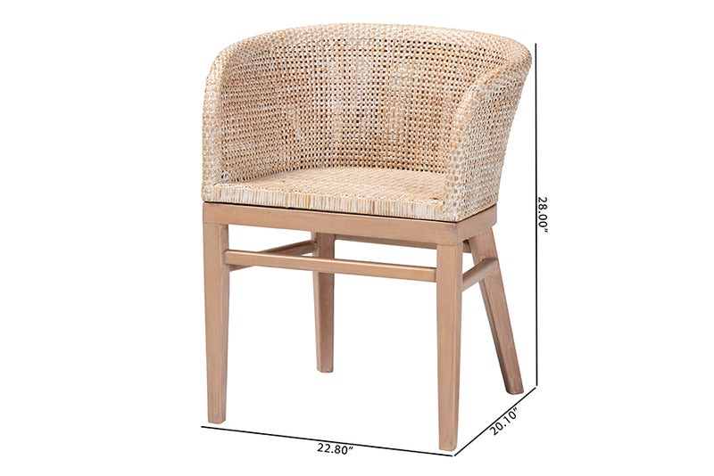 Jerilyn Modern Bohemian Antique White Washed Rattan and Mahogany Wood Dining Chair