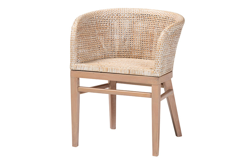 Jerilyn Modern Bohemian Antique White Washed Rattan and Mahogany Wood Dining Chair