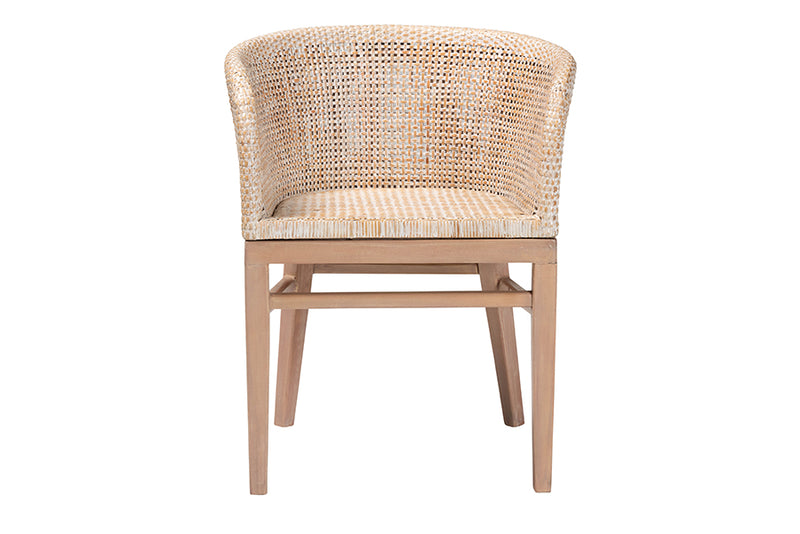 Jerilyn Modern Bohemian Antique White Washed Rattan and Mahogany Wood Dining Chair