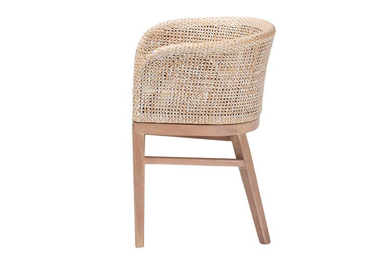 Jerilyn Modern Bohemian Antique White Washed Rattan and Mahogany Wood Dining Chair