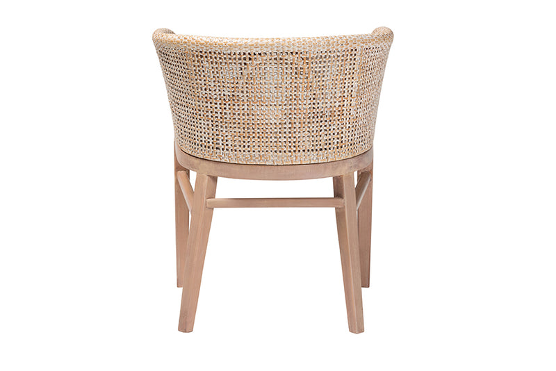 Jerilyn Modern Bohemian Antique White Washed Rattan and Mahogany Wood Dining Chair