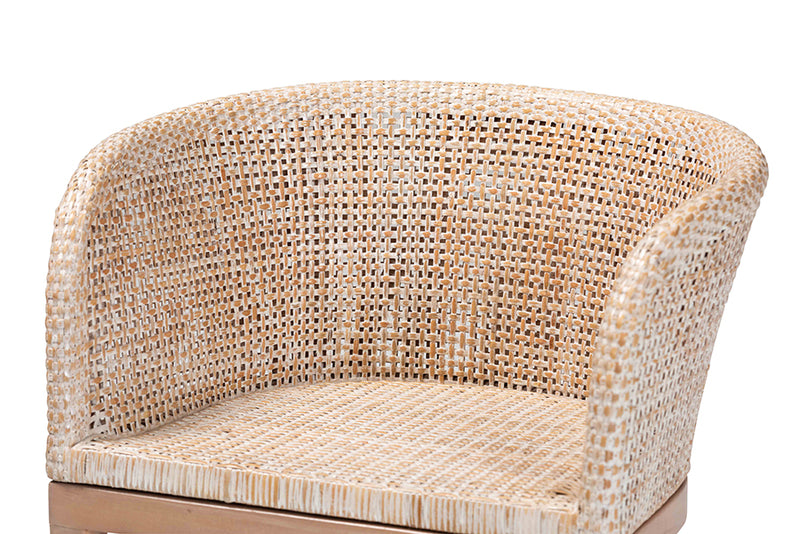 Jerilyn Modern Bohemian Antique White Washed Rattan and Mahogany Wood Dining Chair