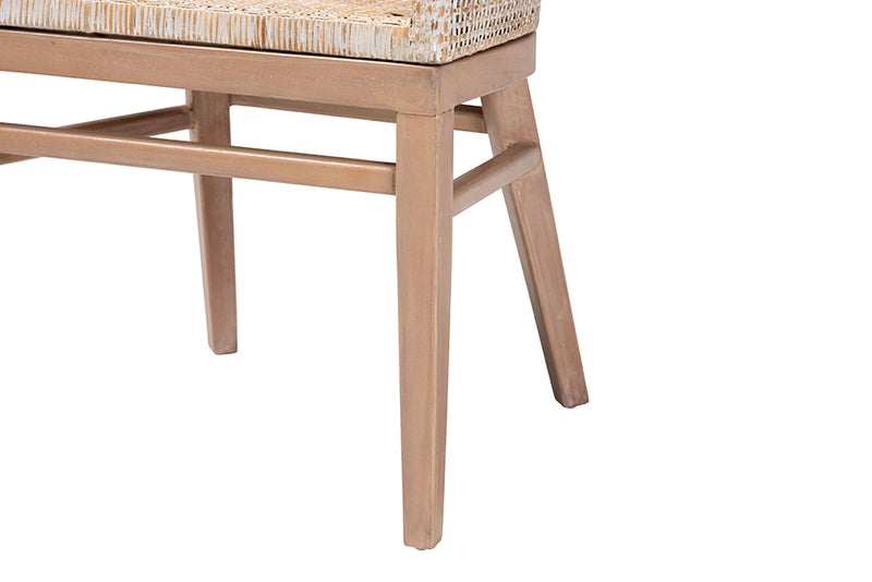 Jerilyn Modern Bohemian Antique White Washed Rattan and Mahogany Wood Dining Chair