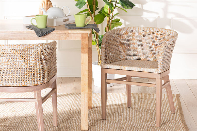 Jerilyn Antique White Washed Rattan and Mahogany Wood Dining Chair Baxton