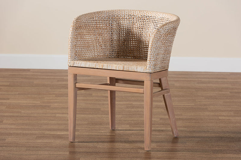 Jerilyn Antique White Washed Rattan and Mahogany Wood Dining Chair Baxton